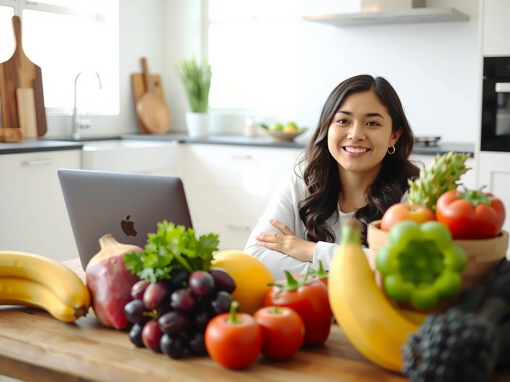 Eine lächelnde Frau spricht über Videokonferenz mit einem Ernährungsberater auf ihrem Laptop, umgeben von frischem Obst und Gemüse, die eine gesunde Lebensweise symbolisieren.