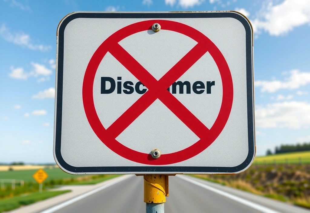 Ein Warnschild mit dem Text 'Disclaimer' und einem roten 'X', das Haftungsausschluss symbolisiert.