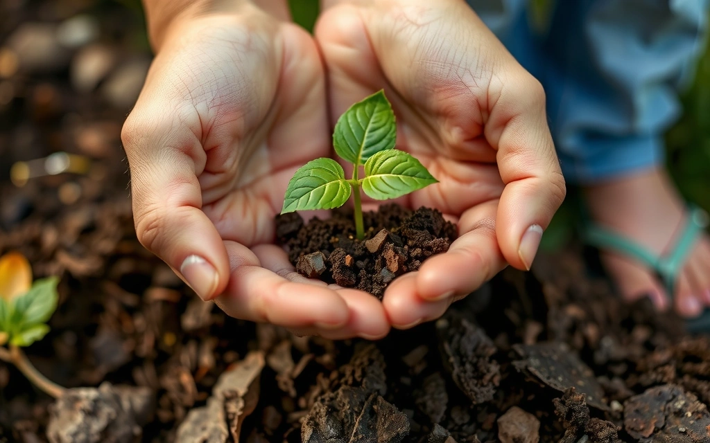 Hände halten einen Keimling in Erde, symbolisiert Wachstum und Gesundheit